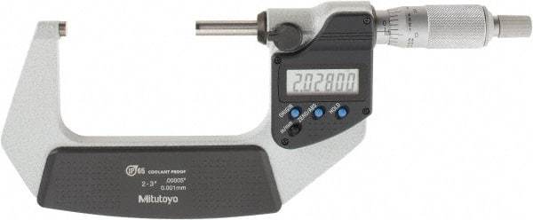 Mitutoyo - 2 to 3 Inch Range, 0.0001 Inch Resolution, Standard Throat, IP65 Electronic Outside Micrometer - 0.0001 Inch Accuracy, Ratchet Stop Thimble, Carbide Face, SR44 Battery, Includes Plastic Case - Exact Industrial Supply