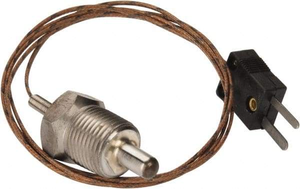 Thermo Electric - 0 to 900°F, J Pipe Plug, Thermocouple Probe - 5 Ft. Cable Length, Mini Connector, 1/2 Inch Probe Sheath Length, 6 Sec Response Time - Exact Industrial Supply