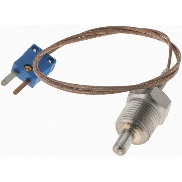 Thermo Electric - 0 to 700°F, T Pipe Plug, Thermocouple Probe - 5 Ft. Cable Length, Mini Connector, 1/2 Inch Probe Sheath Length, 6 Sec Response Time - Exact Industrial Supply