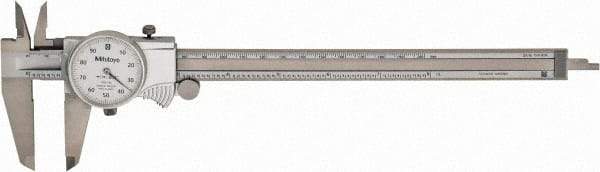 Mitutoyo - 8" Max, 0.001" Graduation, 0.1" per Revolution, Dial Caliper - White Face, 1.9688" Jaw Length, Accurate to 0.0020" - Exact Industrial Supply