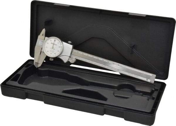 Mitutoyo - 0mm to 6" Range, 0.001" Graduation, 0.1" per Revolution, Dial Caliper - White Face, 1-9/16" Jaw Length, Accurate to 0.0010" - Exact Industrial Supply