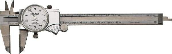 Mitutoyo - 0mm to 6" Range, 0.001" Graduation, 0.1" per Revolution, Dial Caliper - White Face, 1-9/16" Jaw Length, Accurate to 0.0010" - Exact Industrial Supply