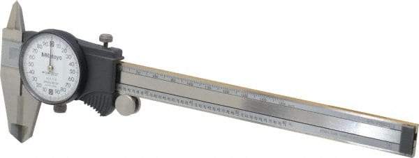 Mitutoyo - 0mm to 6" Range, 0.001" Graduation, 0.2" per Revolution, Dial Caliper - White Face, 1-9/16" Jaw Length, Accurate to 0.0010" - Exact Industrial Supply