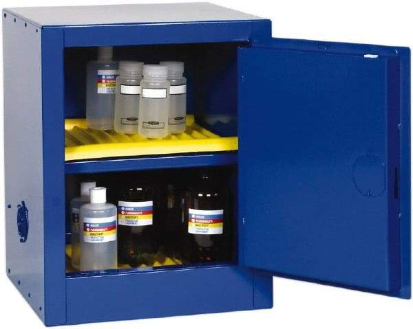 Eagle - 1 Door, 1 Shelf, Blue Steel Bench Top Safety Cabinet for Corrosive Chemicals - 23" High x 17-1/2" Wide x 18" Deep, Self Closing Door, 3 Point Key Lock, 4 Gal Capacity - Exact Industrial Supply