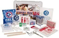 Medique - 120 Piece, Multipurpose/Auto/Travel First Aid Kit - 10" Wide x 3-1/2" Deep x 7-1/2" High, Plastic Case - Exact Industrial Supply