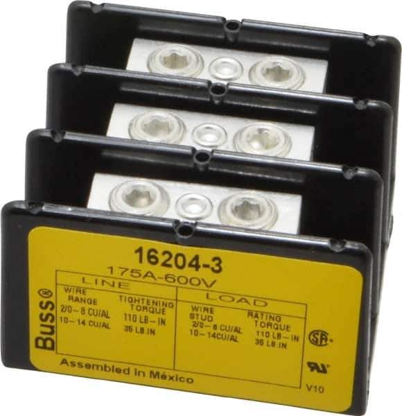 Cooper Bussmann - 3 Poles, 175 Amp, 2/0-8 AWG (Cu/Al) Primary, 2/0-8 AWG (Cu/Al) Secondary, Thermoplastic Power Distribution Block - 600 VAC/VDC, 1 Primary Connection, 5.2 Inch Long x 3.32 Inch Deep x 4 Inch High - Exact Industrial Supply