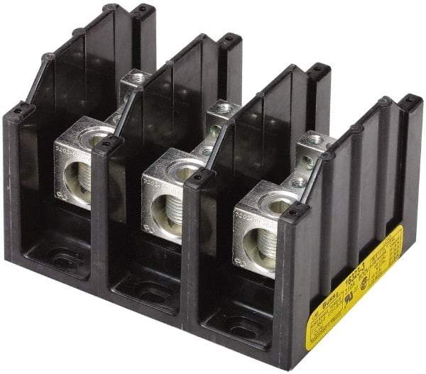 Cooper Bussmann - 3 Poles, 380 Amp, 500 kcmil-6 AWG (Cu/Al) Primary, 3/8-16 x 1-1/4 Stud Secondary, Thermoplastic Power Distribution Block - 600 VAC/VDC, 1 Primary Connection, 5.2 Inch Long x 3.32 Inch Deep x 4 Inch High - Exact Industrial Supply