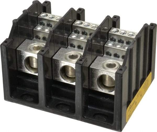 Cooper Bussmann - 3 Poles, 310 Amp, 350 kcmil-6 AWG (Cu/Al) Primary, 4-12 AWG (Al), 4-14 AWG (Cu) Secondary, Thermoplastic Power Distribution Block - 600 VAC/VDC, 1 Primary Connection, 5.2 Inch Long x 3.32 Inch Deep x 4 Inch High - Exact Industrial Supply