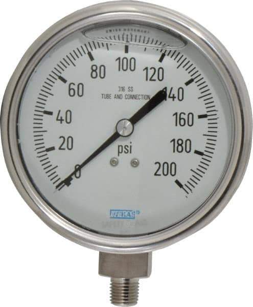 Wika - 4" Dial, 1/4 Thread, 0-200 Scale Range, Pressure Gauge - Lower Connection Mount, Accurate to 1% of Scale - Exact Industrial Supply