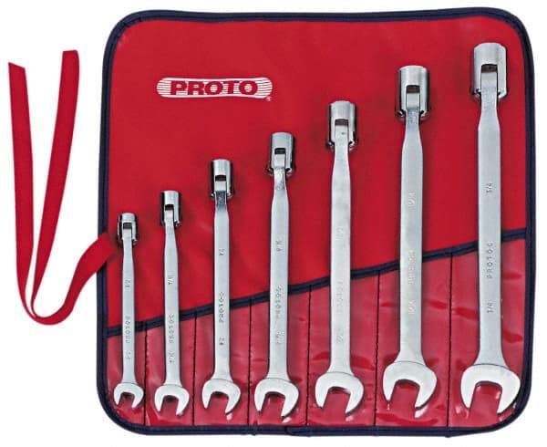 Proto - 7 Piece, 3/8" to 3/4", 12 Point Flex Head Combination Wrench Set - Inch Measurement Standard, Satin Finish, Comes in Nylon Roll - Exact Industrial Supply
