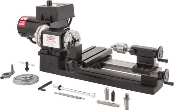 Sherline - 3-1/2" Swing, 8" Between Centers, 100/240 Volt, Single Phase Miniature Lathe - 1MT Taper, 1/2 hp, 70 to 2,800 RPM, 10mm Bore Diam, 260mm Deep x 203.2mm High x 584.2mm Long - Exact Industrial Supply