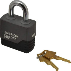 American Lock - 1-1/8" Shackle Clearance, Keyed Different Padlock with Weather Cover - 3/8" Shackle Diam, Brass - Exact Industrial Supply