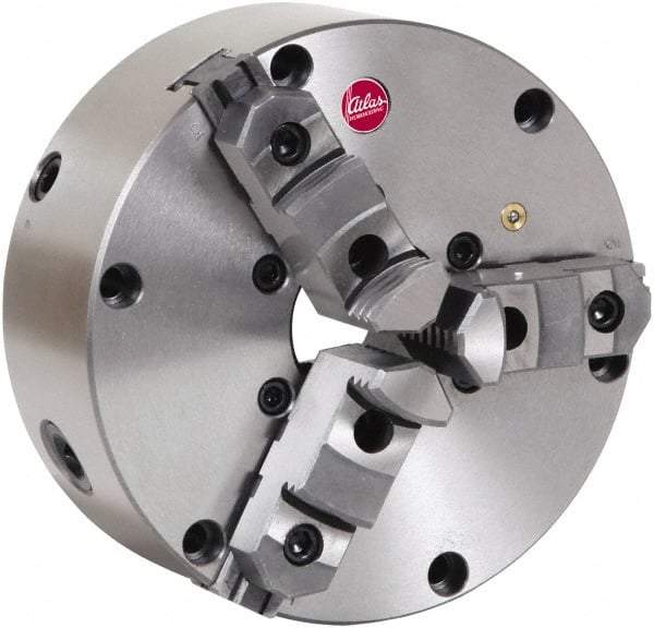 Atlas Workholding - 3 Jaws, 6" Diam, Self Centering Manual Lathe Chuck - Plain Back Mount Spindle, Adjustable, Reversible, 3,000 Max RPM, 1.54" Through Hole Diam, Cast Iron - Exact Industrial Supply