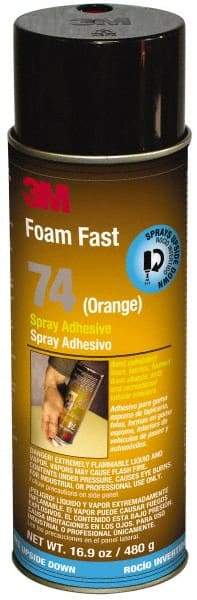 3M - 24 oz Aerosol Orange Spray Adhesive - High Tack, 170°F Heat Resistance, 40 Sq Ft Coverage, Medium Strength Bond, 15 min Max Bonding Time, Flammable, Series 74 - Exact Industrial Supply