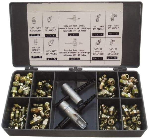 PRO-LUBE - 101 Piece, Metric, Box Plastic Steel Grease Fitting Set - Includes Metric Thread Types, Includes M10x1: (20) Straight, (5) 45°, (10) 90°, M6x1: (30) Straight, (5) 45°, (10) 90°, M8x1: (14) Straight, (5) 90° - Exact Industrial Supply