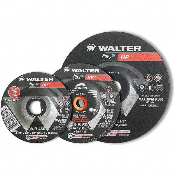WALTER Surface Technologies - 30 Grit, 9" Wheel Diam, 1/8" Wheel Thickness, Type 27 Depressed Center Wheel - Aluminum Oxide, Resinoid Bond, 6,600 Max RPM - Exact Industrial Supply