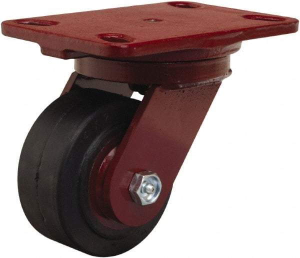 Hamilton - 4" Diam x 2" Wide x 5-5/8" OAH Top Plate Mount Swivel Caster - Rubber Mold on Cast Iron, 300 Lb Capacity, Straight Roller Bearing, 4-1/2 x 6-1/2" Plate - Exact Industrial Supply