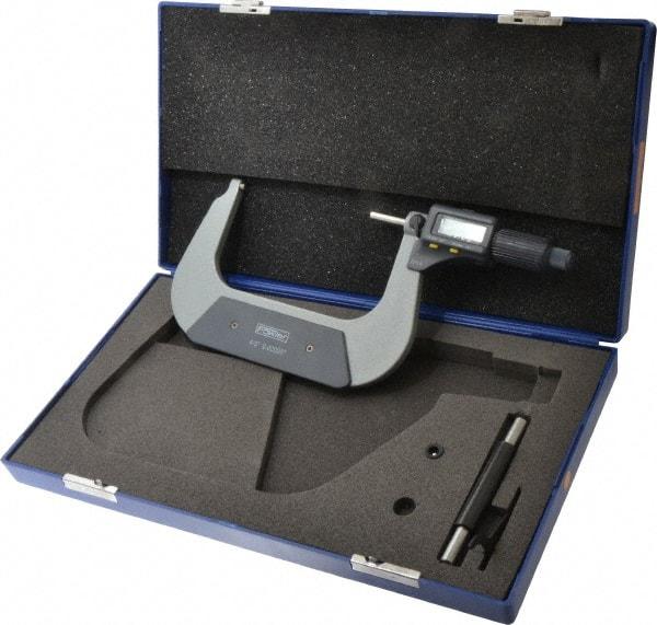 Fowler - 4 to 5 Inch Range, 0.0001 Inch Resolution, Standard Throat, IP54 Electronic Outside Micrometer - 0.0002 Inch Accuracy, Friction Thimble, 357 Battery, Data Output, Includes Case and Wrench - Exact Industrial Supply
