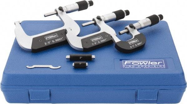 Fowler - 0 to 3" Range, 3 Piece Mechanical Outside Micrometer Set - 0.0001" Graduation, 0.0001 (0 to 2)" Accuracy, Ratchet-Friction Thimble, Carbide Tipped Face - Exact Industrial Supply