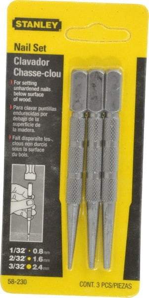 Stanley - 3 Piece, 1/32 to 3/32", Nail Punch Set - Round Shank, Comes in Carded - Exact Industrial Supply