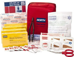 North - 61 Piece, 5 Person, Multipurpose/Auto/Travel First Aid Kit - 5" Wide x 2-1/2" Deep x 5-1/2" High, Nylon Bag - Exact Industrial Supply