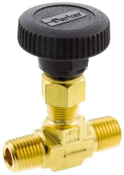 Parker - 3,000 Max psi, 3/8" Pipe, Brass, Inline Instrumentation Needle Valve - MNPT x MNPT End Connections - Exact Industrial Supply