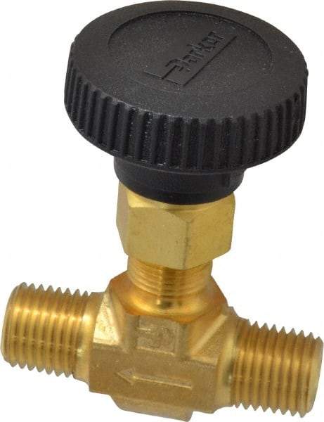 Parker - 3,000 Max psi, 1/4" Pipe, Brass, Inline Instrumentation Needle Valve - MNPT x MNPT End Connections - Exact Industrial Supply