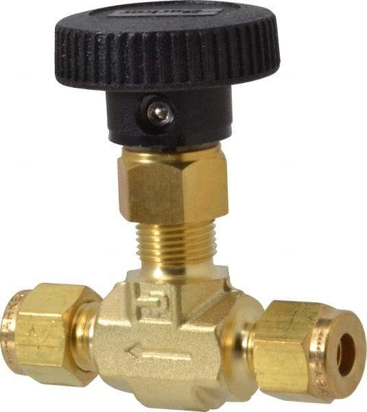 Parker - 3,000 Max psi, 1/4" Pipe, Brass, Inline Instrumentation Needle Valve - Compression x Compression CPI End Connections - Exact Industrial Supply