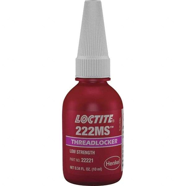 Loctite - 10 mL Bottle, Purple, Low Strength Liquid Threadlocker - Series 222, 24 hr Full Cure Time, Hand Tool Removal - Exact Industrial Supply