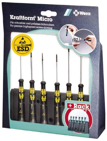 Wera - 6 Piece Phillips & Slotted Screwdriver Set - Blade Sizes: Width mm 1.2, 1.2, 1.8 & 2.5, Bit Sizes: Philips #0 to #1, Metric Length mm: 40, 60 & 80mm - Exact Industrial Supply