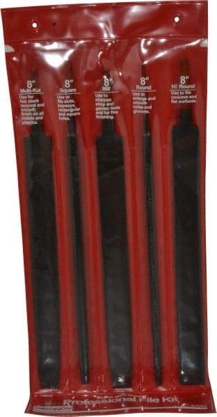 Simonds File - 5 Piece American Pattern File Set - 8" Long, Bastard Coarseness, Set Includes Flat, Half Round, Mill, Round, Square - Exact Industrial Supply