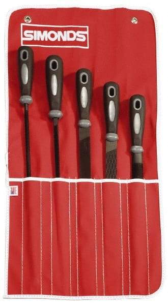 Simonds File - 5 Piece American Pattern File Set - 8" Long, Bastard Coarseness, Set Includes Half Round, Mill, Round, Square - Exact Industrial Supply