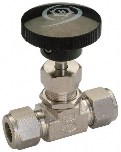 Ham-Let - 5,000 Max psi, 1/8" Pipe, 316 Grade Stainless Steel, Inline Stem Regulating Instrumentation Needle Valve - Compression x Compression End Connections, Swaglok SS-ORS2 - Exact Industrial Supply