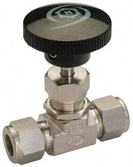 Ham-Let - 5,000 Max psi, 1/4" Pipe, 316 Grade Stainless Steel, Inline Stem Vee Instrumentation Needle Valve - Compression x Compression End Connections, Swaglok SS-1VS4 - Exact Industrial Supply