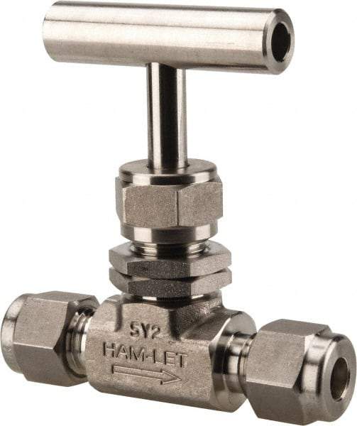 Ham-Let - 5,000 Max psi, 1/4" Pipe, 316 Grade Stainless Steel, Inline Stem Regulating Instrumentation Needle Valve - Compression x Compression End Connections, Swaglok SS-1RS4-SH - Exact Industrial Supply