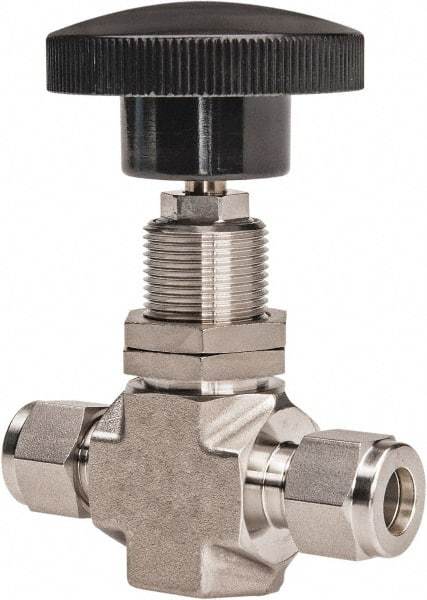 Ham-Let - 5,000 Max psi, 3/8" Pipe, 316 Grade Stainless Steel, Inline Stem Regulating Instrumentation Needle Valve - Compression x Compression End Connections, Swaglok SS-1RS6-SH - Exact Industrial Supply