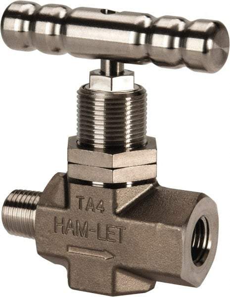 Ham-Let - 5,000 Max psi, 1/4" Pipe, 316 Grade Stainless Steel, Inline Soft Seat Instrumentation Needle Valve - MNPT x FNPT End Connections, Swaglok SS-1KM4-F4-SH - Exact Industrial Supply