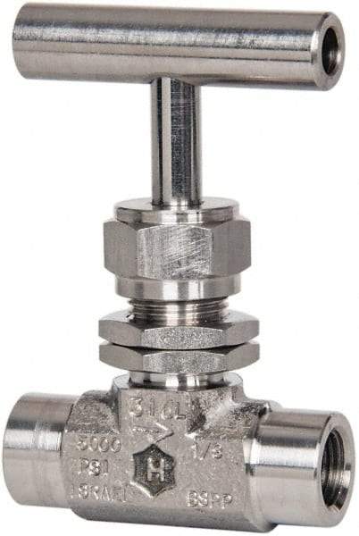 Ham-Let - 5,000 Max psi, 1/4" Pipe, 316 Grade Stainless Steel, Inline Instrumentation Needle Valve - FNPT x FNPT End Connections, Swaglok SS-1RF4-SH - Exact Industrial Supply