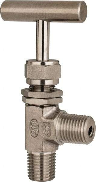 Ham-Let - 5,000 Max psi, 1/4" Pipe, 316 Grade Stainless Steel, Angled Instrumentation Needle Valve - MNPT x MNPT End Connections, Swaglok SS-1RM4-A - Exact Industrial Supply