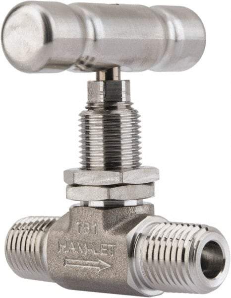 Ham-Let - 5,000 Max psi, 1/4" Pipe, 316 Grade Stainless Steel, Inline Stem Vee Instrumentation Needle Valve - MNPT x MNPT End Connections, Swaglok SS-1VM4-SH - Exact Industrial Supply