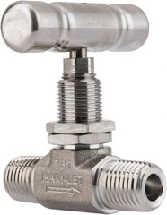 Ham-Let - 5,000 Max psi, 1/4" Pipe, 316 Grade Stainless Steel, Inline Stem Vee Instrumentation Needle Valve - MNPT x MNPT End Connections, Swaglok SS-1VM4-SH - Exact Industrial Supply