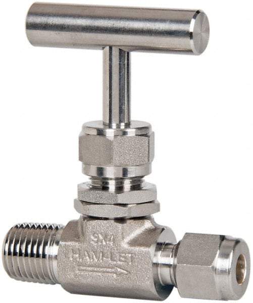 Ham-Let - 5,000 Max psi, 1/4" Pipe, 316 Grade Stainless Steel, Inline Stem Vee Instrumentation Needle Valve - MNPT x Compression End Connections, Swaglok SS-1VM4-S4 - Exact Industrial Supply