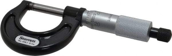 Starrett - 0 to 1" Range, 0.001" Graduation, Mechanical Outside Micrometer - Ratchet Stop Thimble, Accurate to 0.0001" - Exact Industrial Supply
