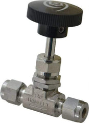 Ham-Let - 5,000 Max psi, 1/4" Pipe, 316 Grade Stainless Steel, Inline Stem Regulating Instrumentation Needle Valve - Compression x Compression End Connections, Swaglok SS-1RS4 - Exact Industrial Supply