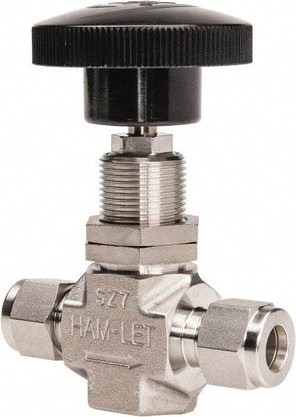 Ham-Let - 5,000 Max psi, 3/8" Pipe, 316 Grade Stainless Steel, Inline Stem Regulating Instrumentation Needle Valve - Compression x Compression End Connections, Swaglok SS-1RS6 - Exact Industrial Supply