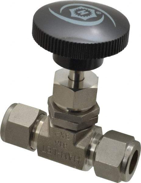 Ham-Let - 5,000 Max psi, 1/2" Pipe, 316 Grade Stainless Steel, Inline Stem Regulating Instrumentation Needle Valve - Compression x Compression End Connections, Swaglok SS-1RS8 - Exact Industrial Supply