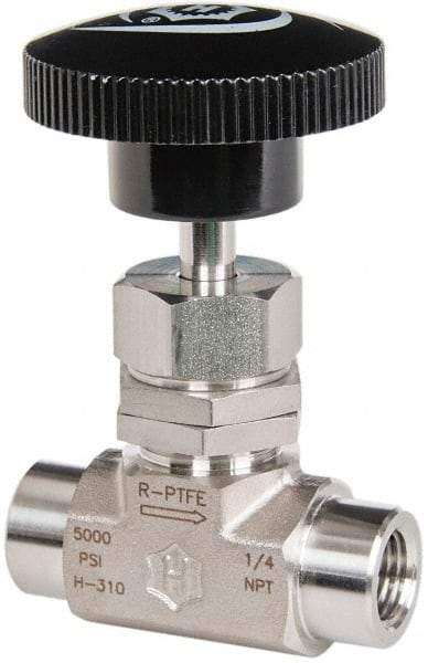 Ham-Let - 5,000 Max psi, 1/4" Pipe, 316 Grade Stainless Steel, Inline Stem Vee Instrumentation Needle Valve - FNPT x FNPT End Connections, Swaglok SS-1VF4 - Exact Industrial Supply