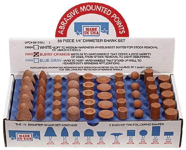 Made in USA - 100 Piece Aluminum Oxide Vitrified Mounted Stone Abrasive Point Set - Includes Shapes A4, A12, A14, A21, A32, A37, A39, A40, W206 & W218 - Exact Industrial Supply