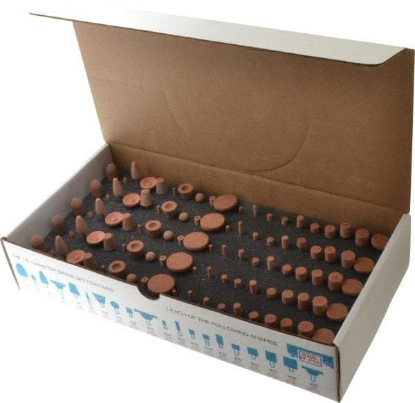 Made in USA - 100 Piece Aluminum Oxide Vitrified Mounted Stone Abrasive Point Set - Includes Shapes B42, B45, B52, B81, B91, B97, B102, B122, B136, W144, W146, W152, W160, W163, W167, W175, W176, W185, W200 & W215 - Exact Industrial Supply