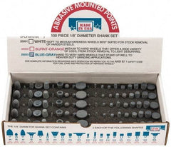 Made in USA - 100 Piece Aluminum Oxide Vitrified Mounted Stone Abrasive Point Set - Includes Shapes B42, B45, B52, B81, B91, B97, B102, B122, B136, W144, W146, W152, W160, W163, W167, W175, W176, W185, W200 & W215 - Exact Industrial Supply